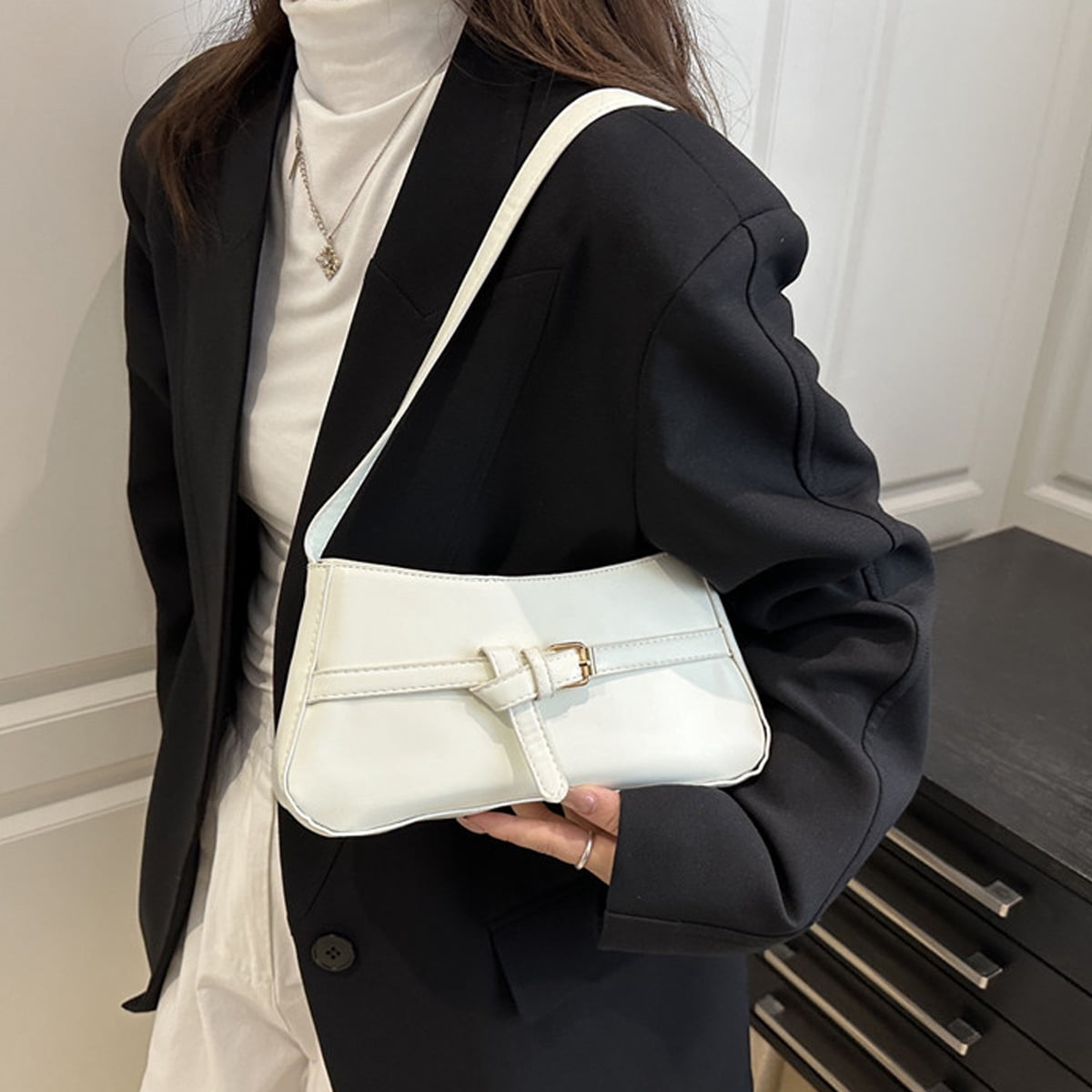 PrettyPettyMerch Women's Belted Faux Leather Shoulder Bag in White (photo 2)