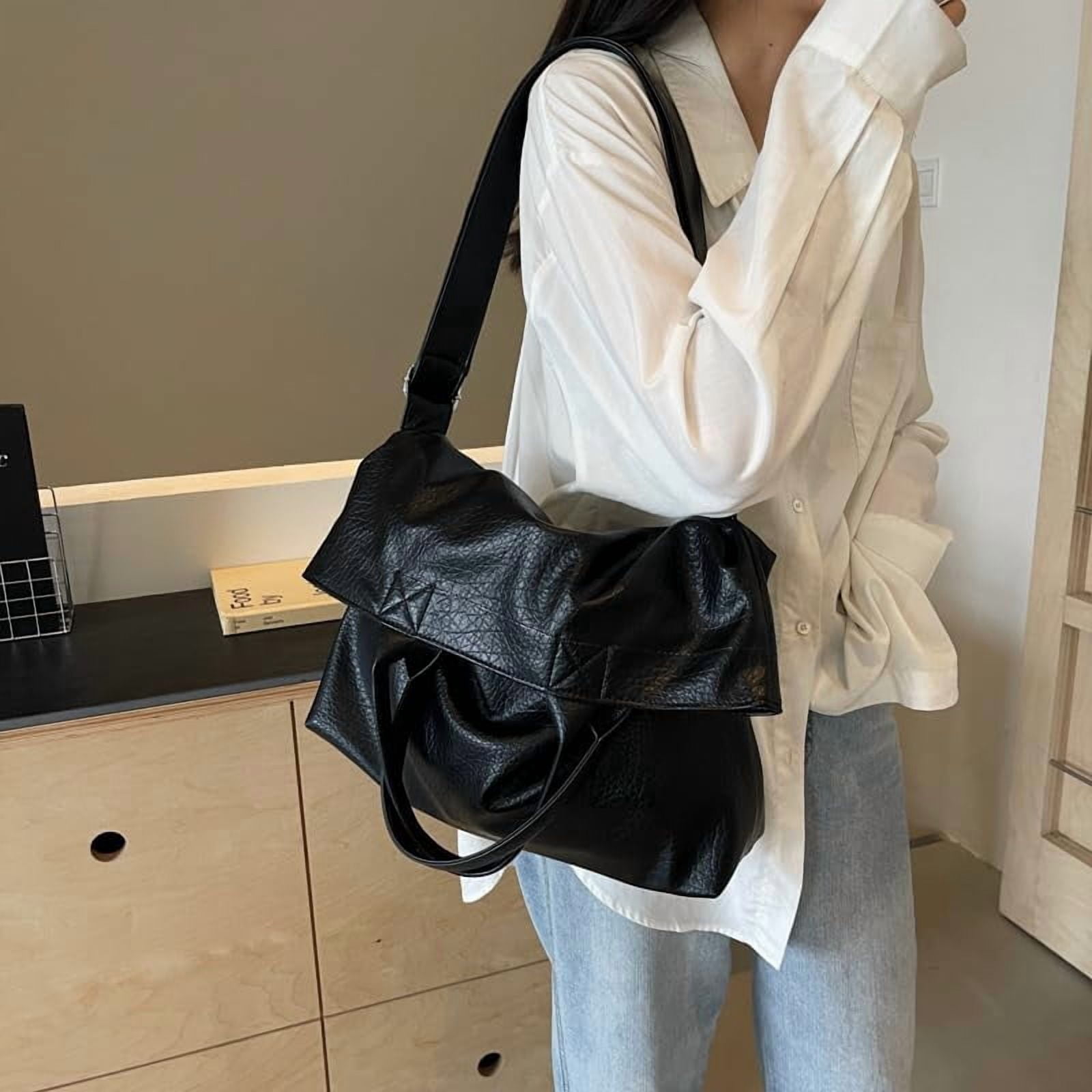 PrettyPettyMerch Women's Fold-Over Faux Leather Tote Bag in Black (photo 2)