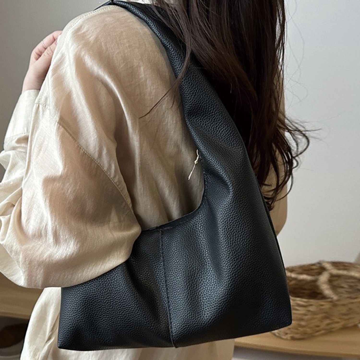 PrettyPettyMerch Women's Slouchy Pebbled Faux Leather Shoulder Bag in Black (photo 2)