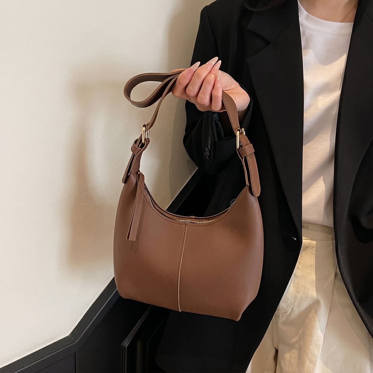 PrettyPettyMerch Women's Faux Leather Crescent Shoulder Bag in Coffee Brown (photo 2)