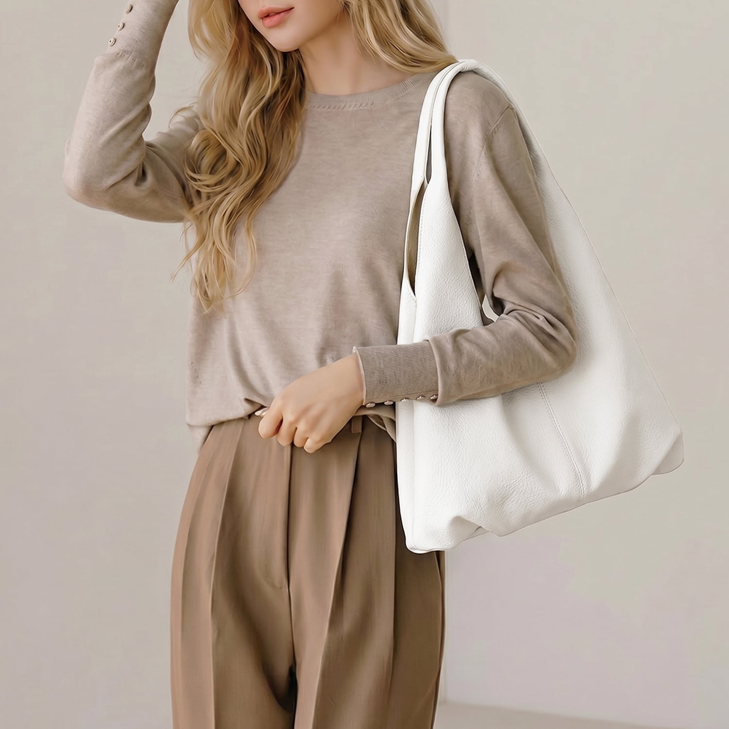 PrettyPettyMerch Women's Slouchy Faux Leather Tote Bag in White (photo 2)