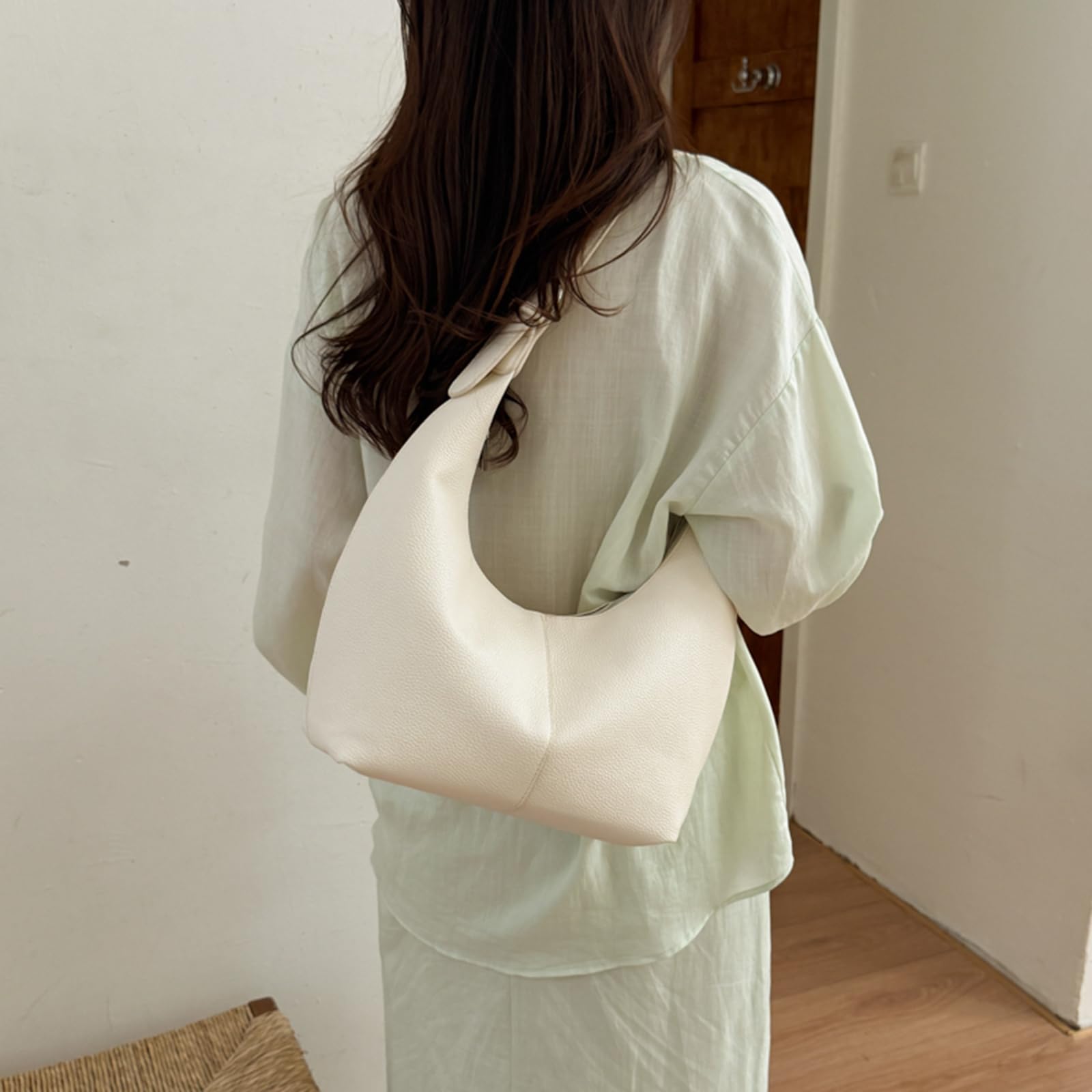 PrettyPettyMerch Women's Crescent Faux Leather Hobo Bag in Ivory (photo 2)