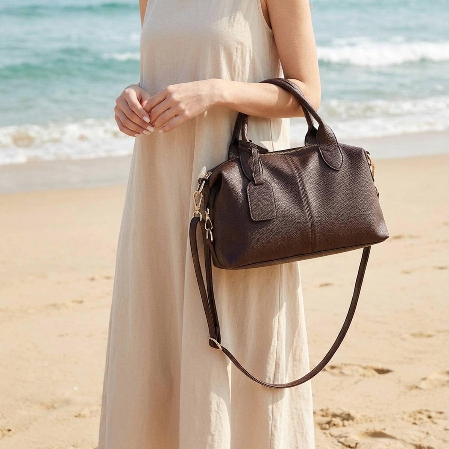 PrettyPettyMerch Women's Pebbled Faux Leather Boston Bag in Coffee Brown (photo 2)