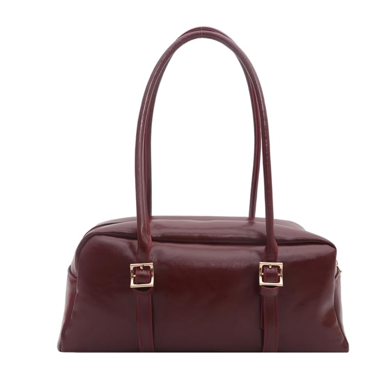 PrettyPettyMerch Women's Glossy Faux Leather East-West Tote Bag in Wine Red