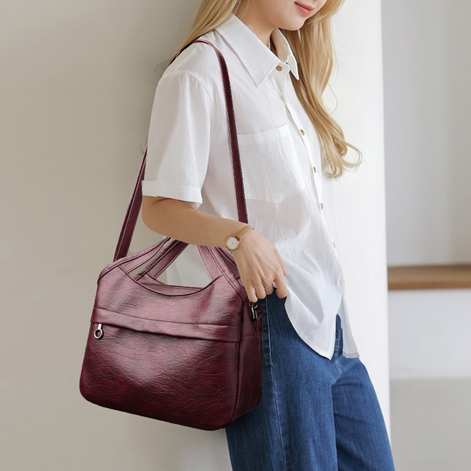 PrettyPettyMerch Women's Faux Leather Top Handle Crossbody Bag in Burgundy (photo 4)
