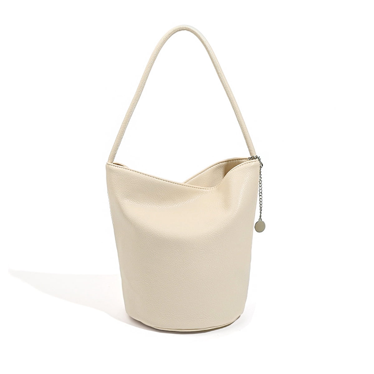 PrettyPettyMerch Women's Open-Top Faux Leather Bucket Bag in Cream