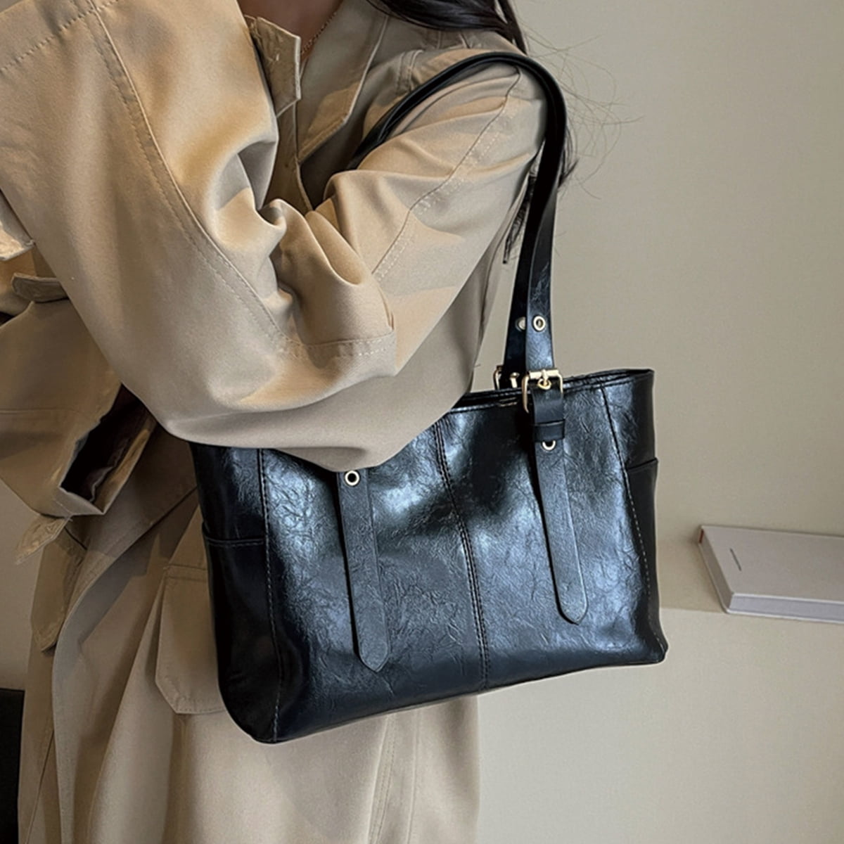 PrettyPettyMerch Women's Crinkled Faux Leather Tote Bag with Buckle Straps in Black (photo 2)