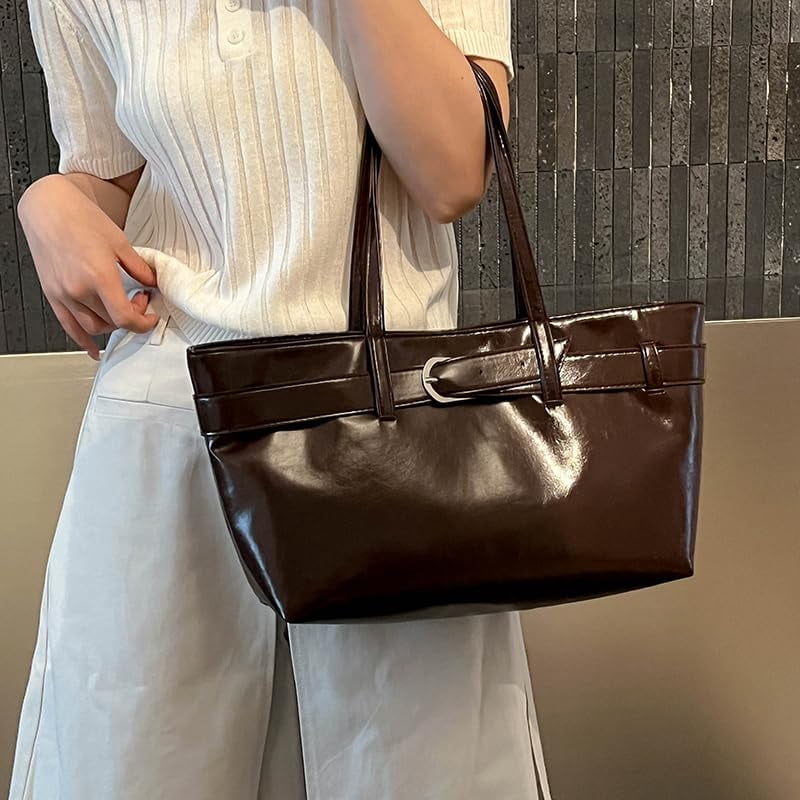 PrettyPettyMerch Women's Glossy Faux Leather Belted Tote Bag in Coffee Brown (photo 2)