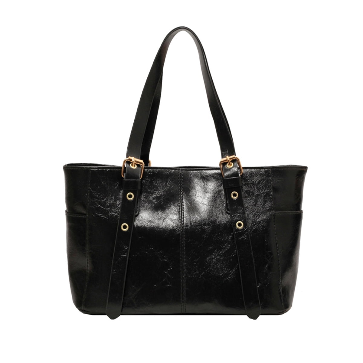 PrettyPettyMerch Women's Crinkled Faux Leather Tote Bag with Buckle Straps in Black