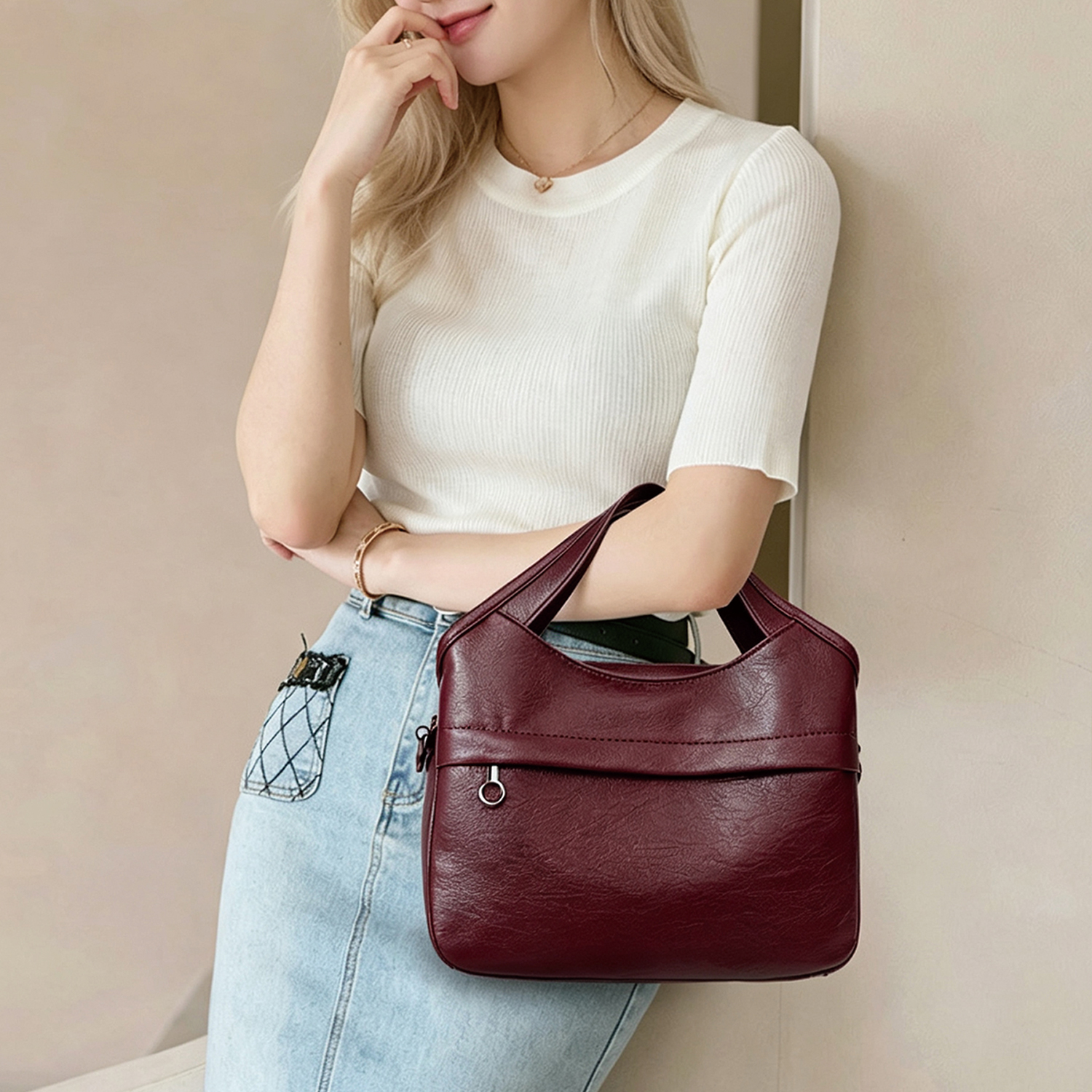 PrettyPettyMerch Women's Faux Leather Top Handle Crossbody Bag in Burgundy (photo 5)