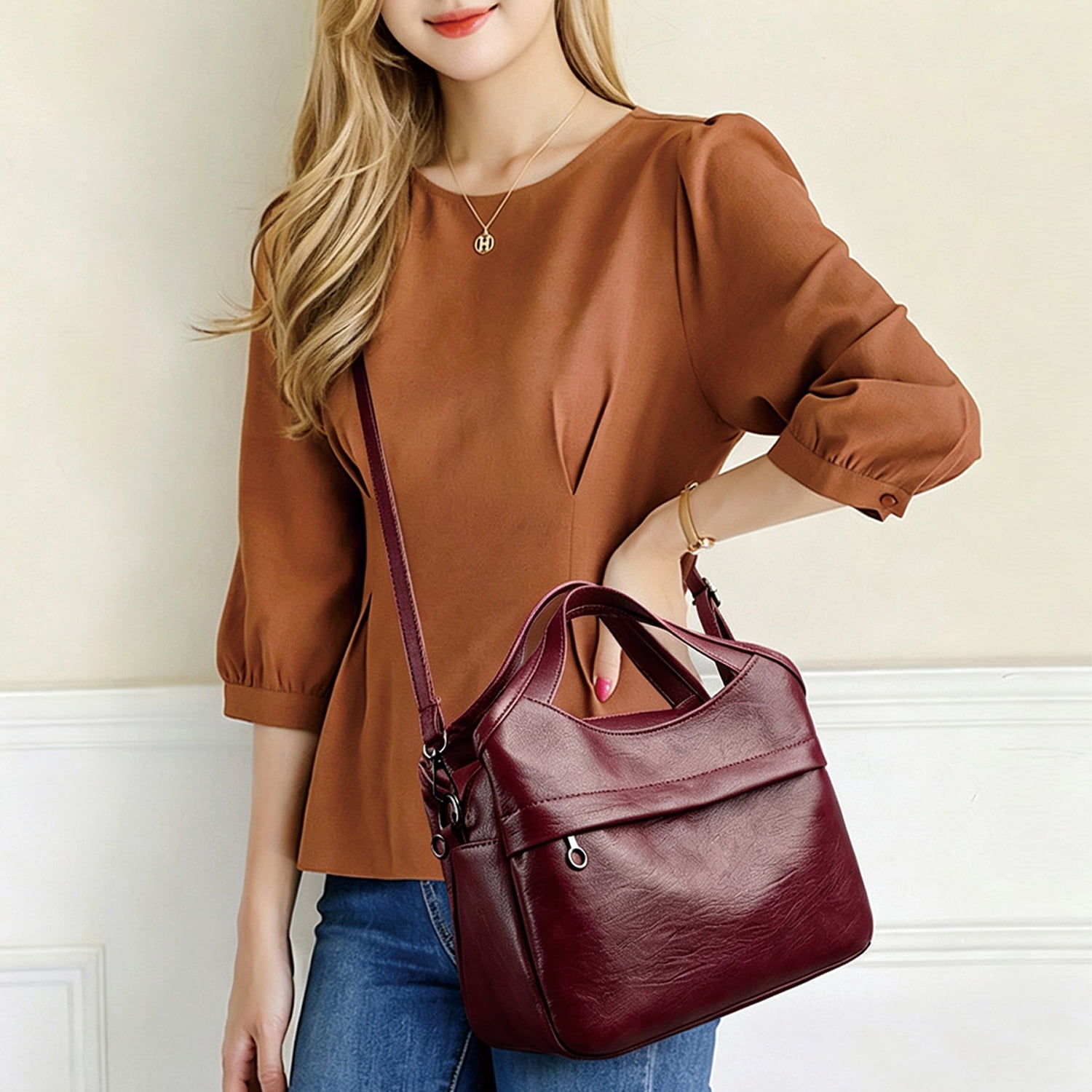 PrettyPettyMerch Women's Faux Leather Top Handle Crossbody Bag in Burgundy (photo 3)