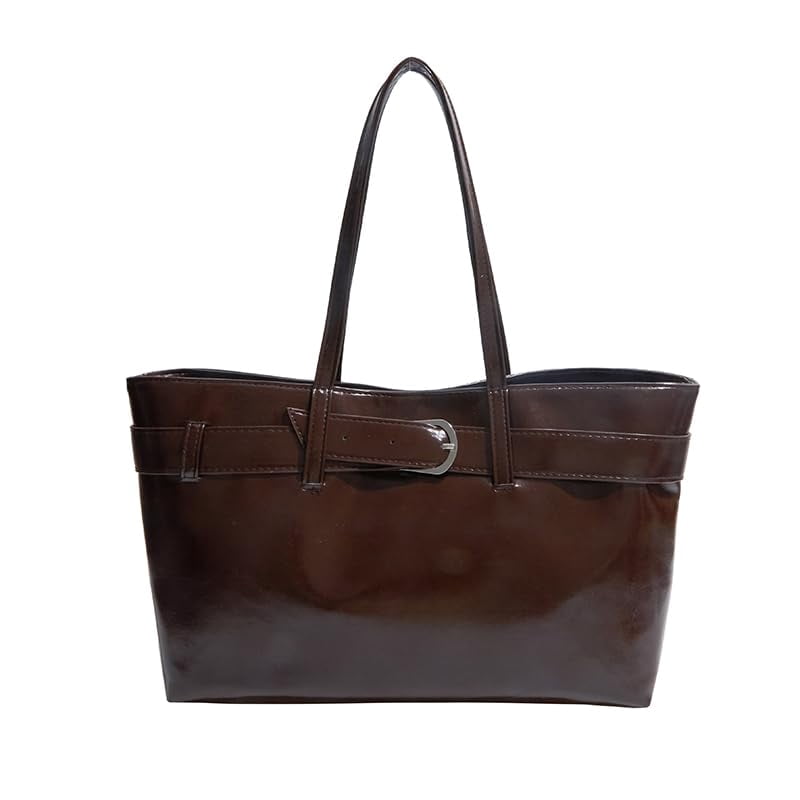 PrettyPettyMerch Women's Glossy Faux Leather Belted Tote Bag in Coffee Brown