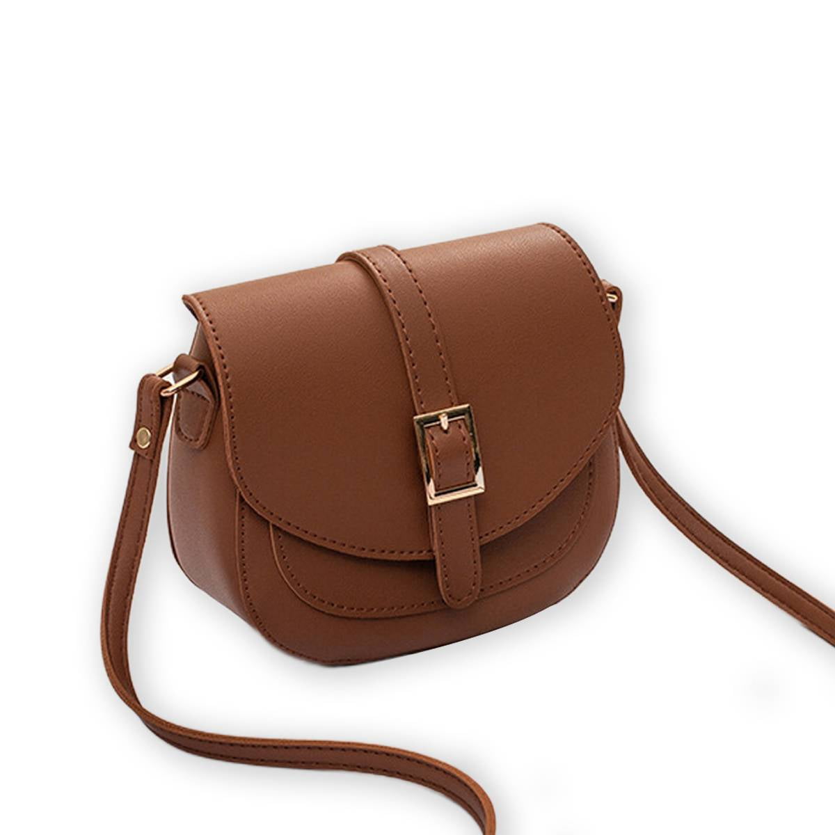 PrettyPettyMerch Women's Faux Leather Flap Crossbody Bag with Buckle Strap in Brown