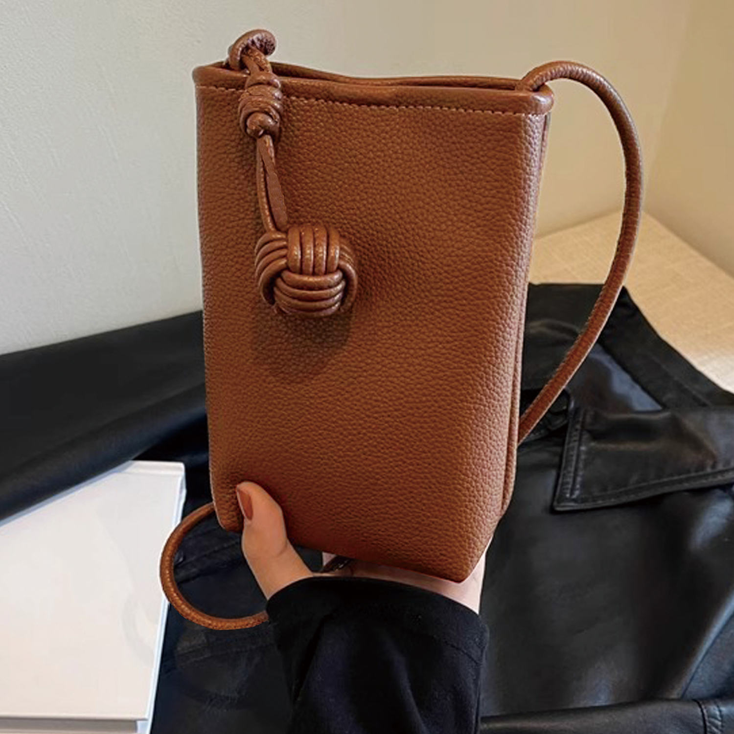 PrettyPettyMerch Women's Mini Faux Leather Phone Crossbody Bag in Brown (photo 5)