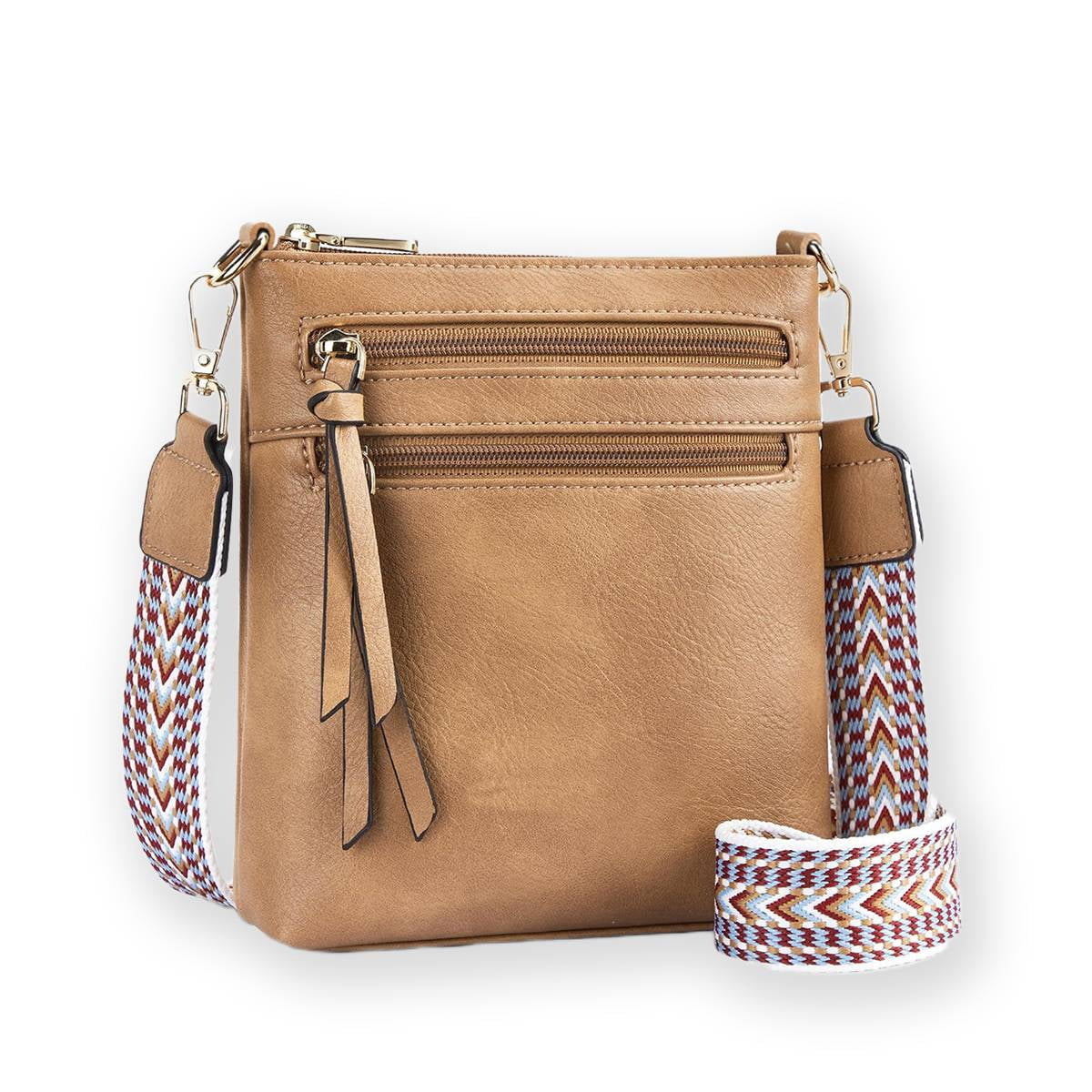 PrettyPettyMerch Women's Faux Leather Double-Zip Crossbody Bag in Khaki
