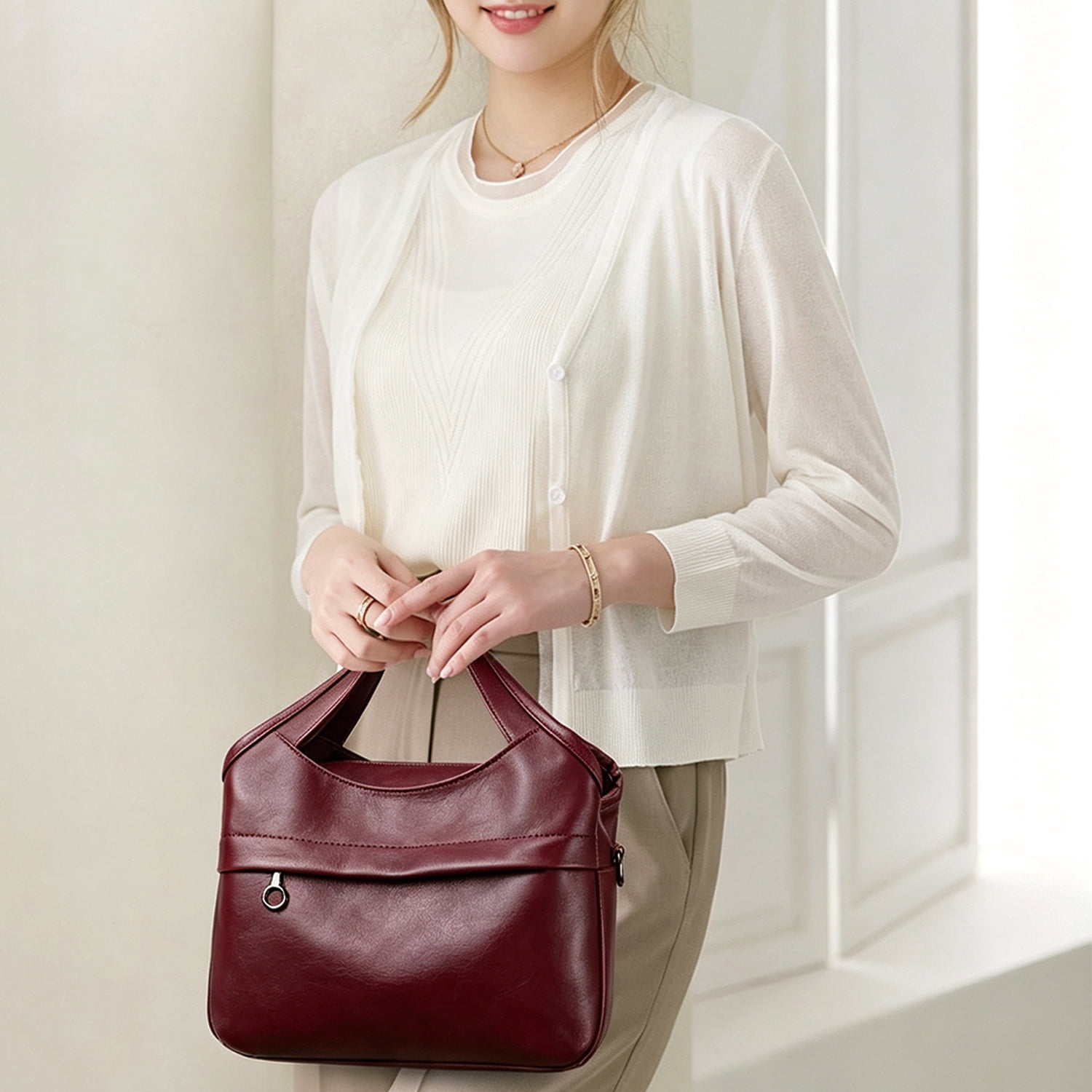 PrettyPettyMerch Women's Faux Leather Top Handle Crossbody Bag in Burgundy (photo 2)