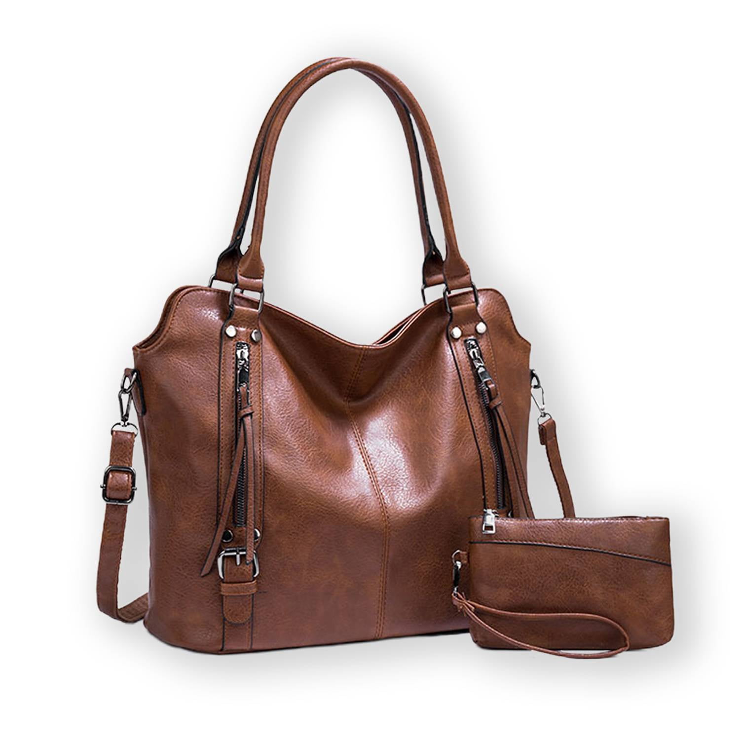 PrettyPettyMerch Women's Distressed Faux Leather Tote and Wristlet Set in Brown