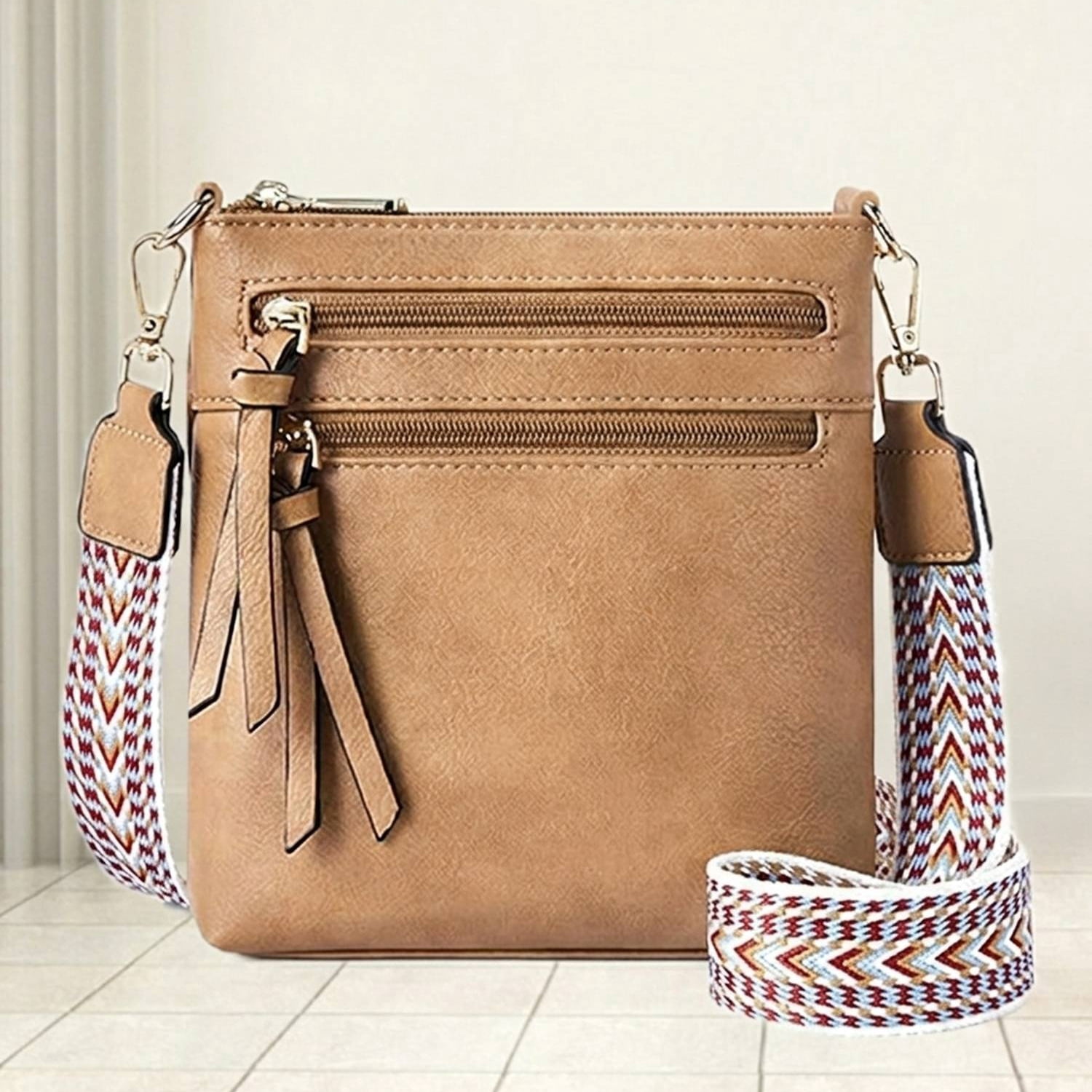 PrettyPettyMerch Women's Faux Leather Double-Zip Crossbody Bag in Khaki (photo 2)