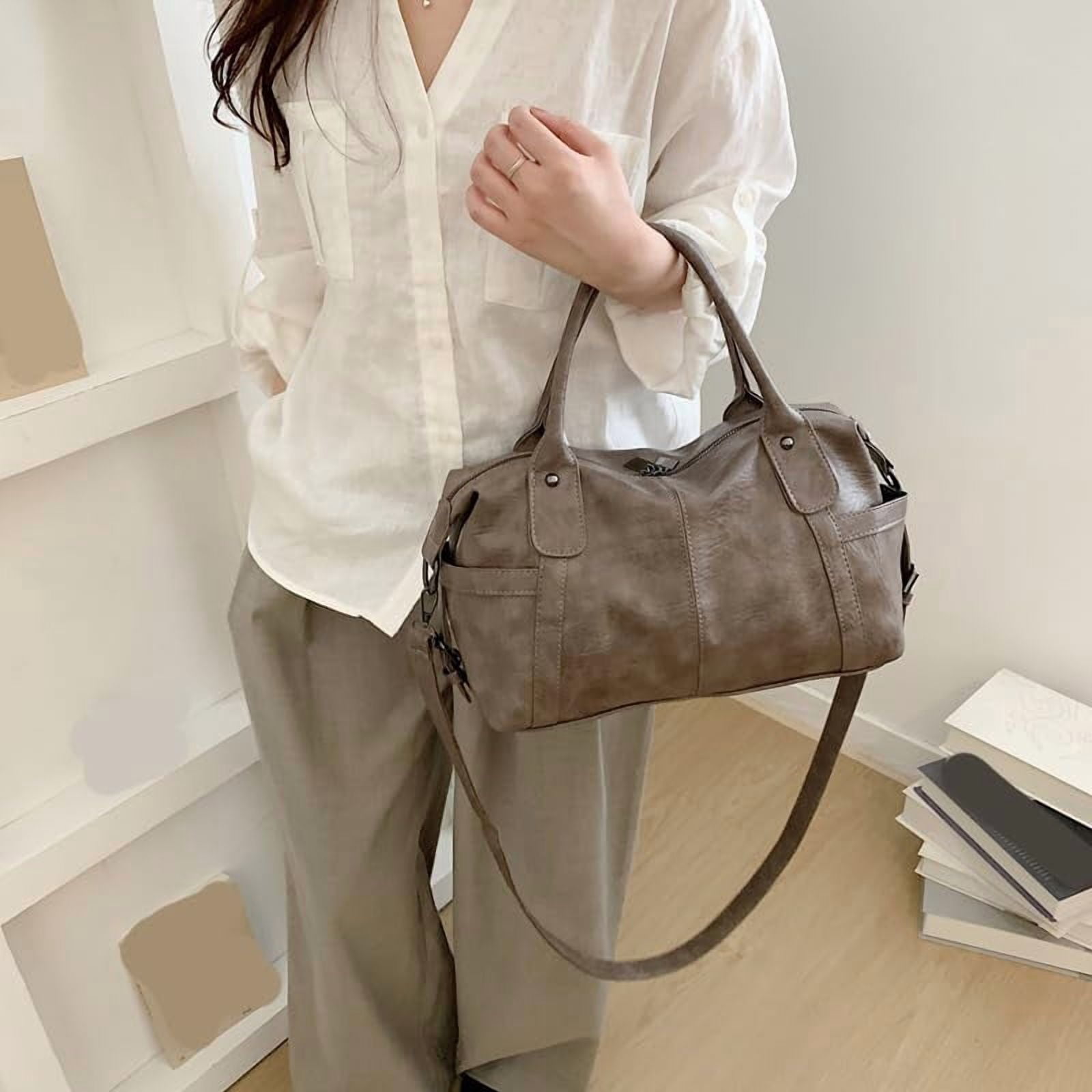 PrettyPettyMerch Women's Vintage-Finish Faux Leather Tote Bag in Taupe (photo 2)