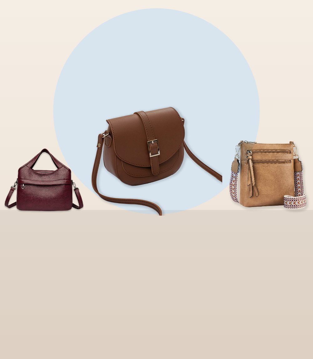 Burgundy, brown and khaki faux leather crossbody bags
